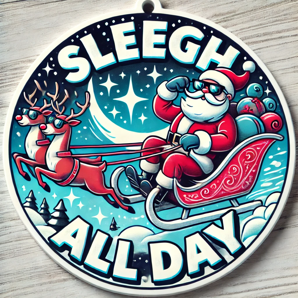 A playful circular ornament design featuring Santa zooming around in his sleigh with a cool confident vibe Hes wearing sunglasses and leaning back in the sleigh grinning confidently The reindeer are racing through the sky leaving a trail of glittering stardust behind them The background is full of twinkling stars and snowy clouds The phrase Sleigh All Day is written above in bold festive letters The entire scene is energetic and fun contained within the circular frame
