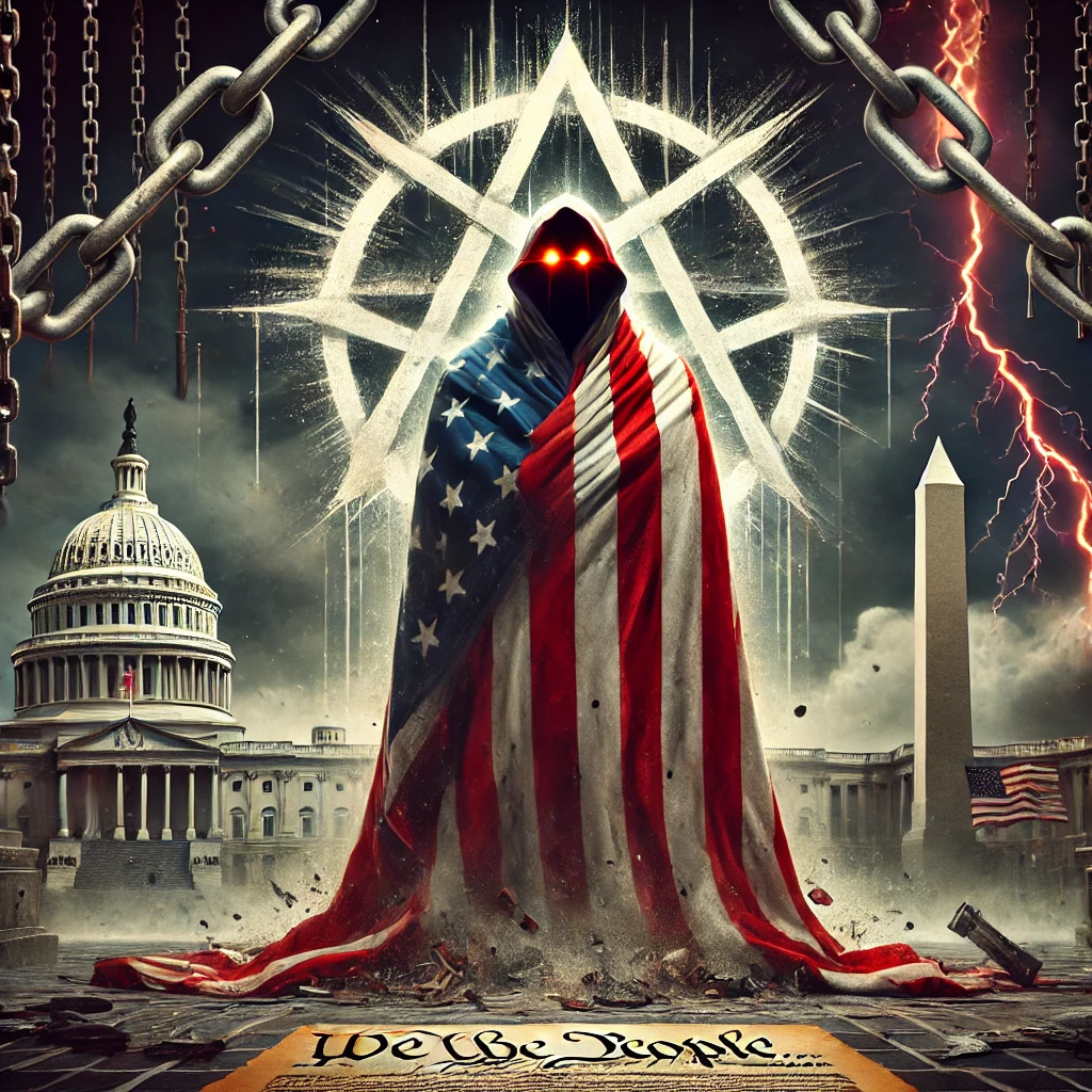 A towering figure wrapped in an American flag stands on a podium the flag torn and frayed Behind the figure shadowy symbols of oppression loom representing the rise of authoritarianism The background shows a crumbling Capitol building with lightning striking overhead The ground is covered in broken chains and scattered fragments of the Constitution The figures eyes glow with a sinister red light symbolizing hidden intentions and the threat to democracy