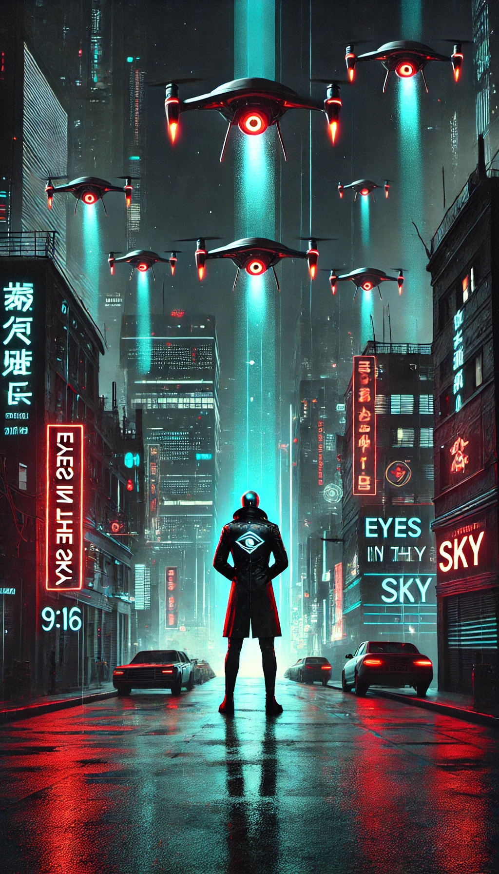 A 916 image showing a futuristic cityscape with surveillance drones hovering in the sky their red lights scanning the streets below Neon signs flicker on towering buildings while the streets are filled with graffiti that conveys rebellion In the foreground a figure stands facing away wearing a sleek hightech suit The typography clean and sharp reads Eyes in the Sky at the top of the image The color palette includes dark shades of blue and black with pops of red and neon green Lighting is dramatic with sharp contrasts between light and shadow symbolizing dystopian control