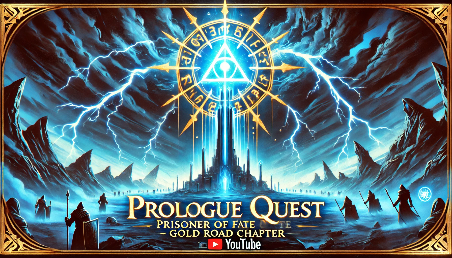 A vibrant 169 YouTube cover image for the walkthrough Prologue Quest  Prisoner of Fate  Gold Road Chapter The scene shows a glowing obelisk with ancient runes at the heart of a stormy landscape Lightning cracks through the sky illuminating shadowy figures preparing for battle Bold sharp typography reads Prologue Quest  Prisoner of Fate  Gold Road Chapter at the bottom The colors are intense with deep blues and glowing magical elements giving the scene a highfantasy and dramatic feel