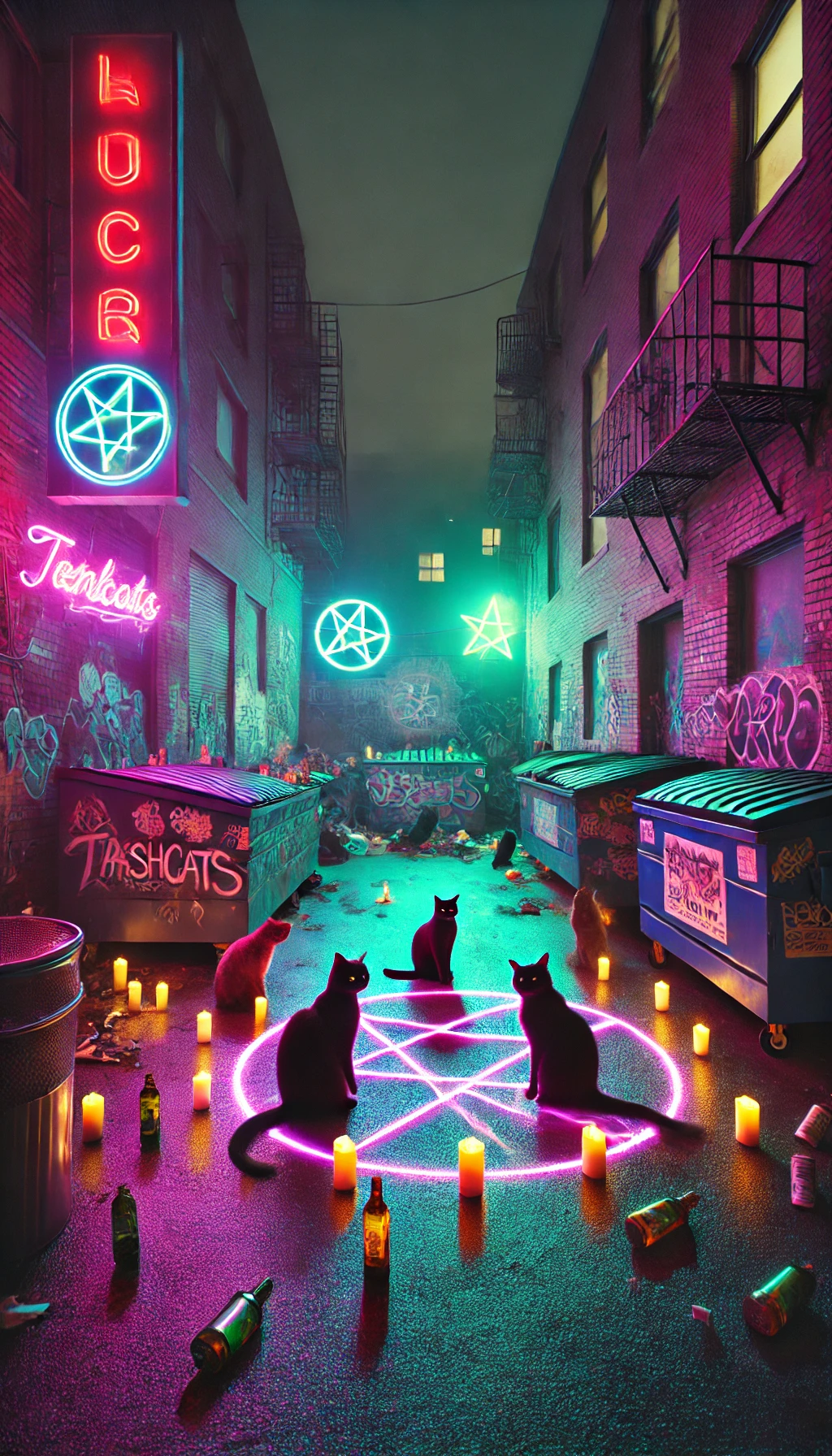 A dark alley at night filled with trash cans dumpsters and graffiticovered walls TrashCats gather around a glowing pentagram drawn on the ground performing a rebellious occult ritual Neon signs flicker above casting a neon purple and green glow Candles are placed on top of trash piles creating an eerie mystical vibe The scene feels like a mixture of street magic and urban chaos with TrashCats celebrating the Dumpster Fire Happy Hour The lighting is dark with bursts of glowing occult symbols graffiti and neon lights