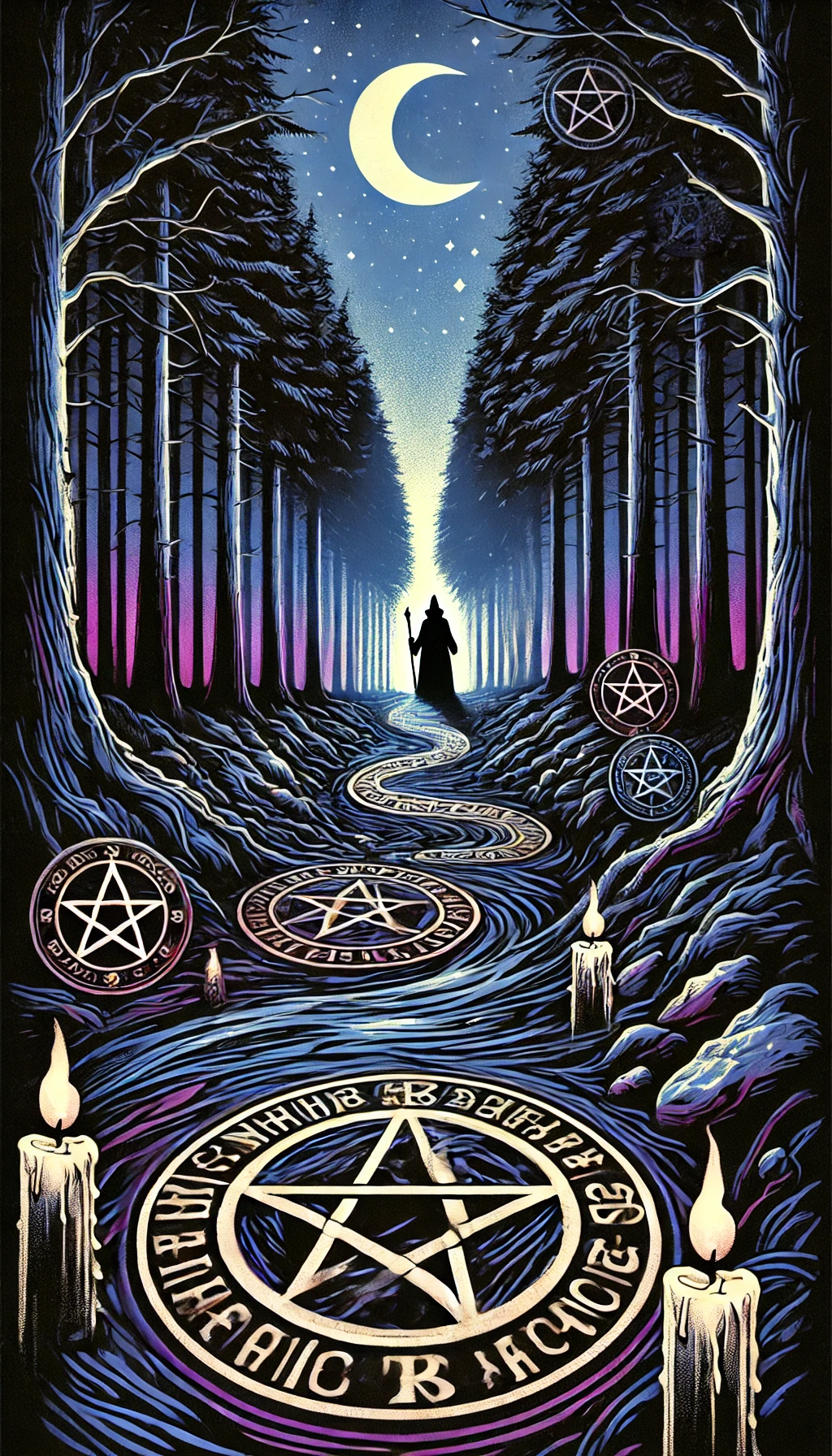 A symbolic cover image representing Witches Road depicting a dark forest path at night The road is winding and illuminated by glowing occult symbols and candlelight surrounded by dense trees In the distance a silhouette of a figure is walking forward holding a staff The colors are deep and mystical with dark blues and purples contrasting against the glowing symbols The typography for Witches Road is bold and jagged appearing as if carved into the bark of the trees The lighting is dramatic creating an ominous yet inviting mood
