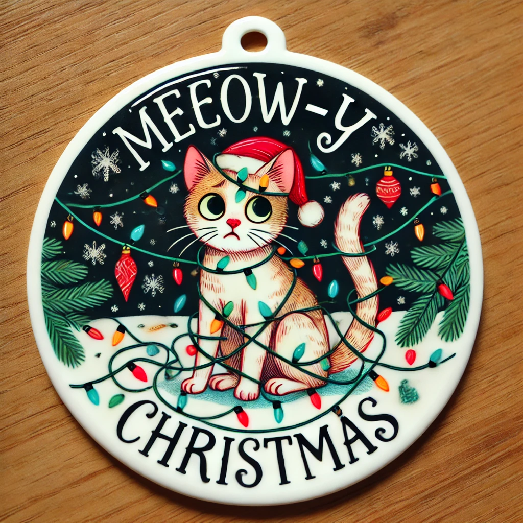 A whimsical circular ornament design featuring a Christmas cat tangled in holiday lights looking both confused and playful The phrase Meowy Christmas is written above in festive lettering The scene is humorous and fully contained within the circular frame