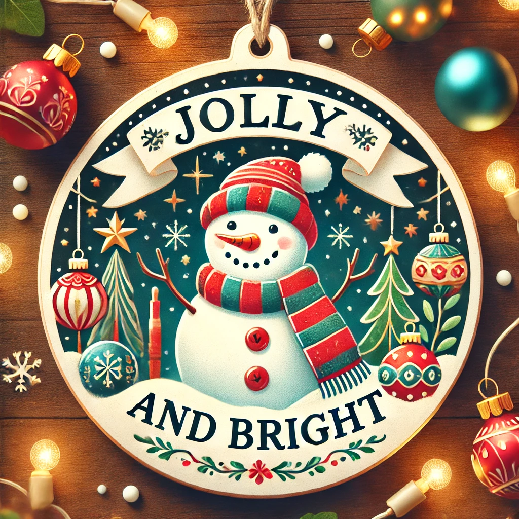 A cheerful circular ornament design featuring a smiling snowman surrounded by twinkling Christmas lights and colorful ornaments Snowflakes fall gently around and the phrase Jolly and Bright is written in elegant festive typography The scene is warm and joyful contained within the circular frame