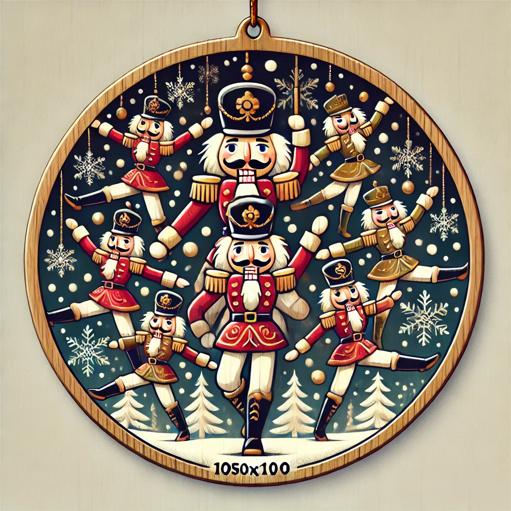 A 1050x1050 circular ornament design featuring a group of nutcrackers performing a whimsical dance They are dressed in their classic holiday attire twirling and leaping amidst falling snowflakes The entire scene is festive and elegant yet playful and is fully contained within the circular frame