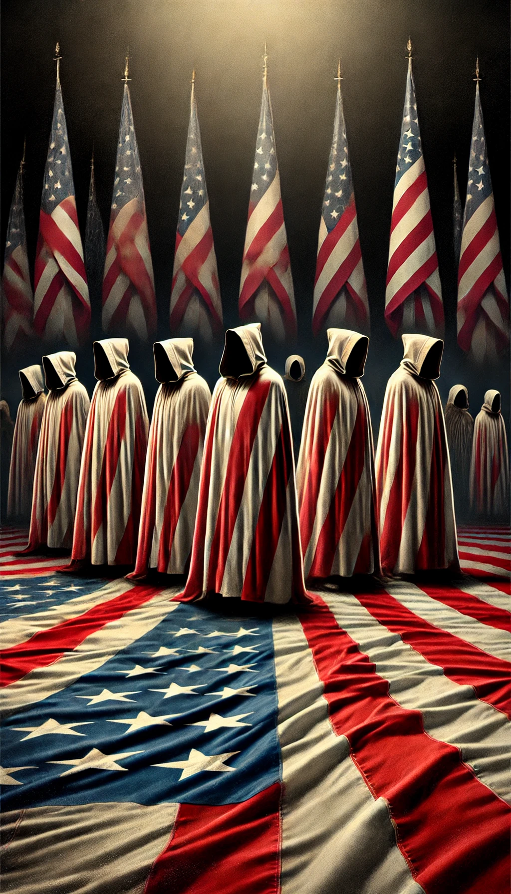 At 00048 Cloaked figures standing in power draped in patriotism but their intentions are sinister The background is filled with large American flags but the colors are muted and faded These figures represent organizations like the Heritage Foundation hiding behind traditional values while dismantling the nation from within Dark shadows creep closer around the edges