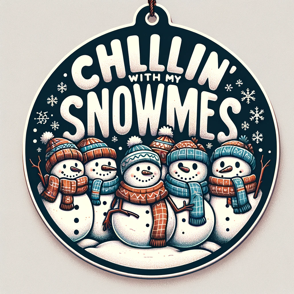 A cozy circular ornament design featuring a group of snowmen hanging out together wearing scarves and hats smiling and enjoying each others company The phrase Chillin with My Snowmies is written above in a fun bold font adding to the playful winter vibe The scene is fully contained within the circular frame