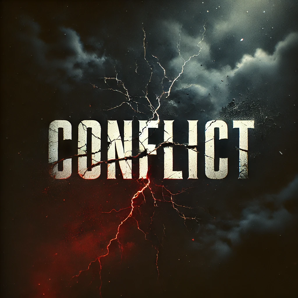 A dark and moody typography cover titled ConFLicT The title is centered in bold cracked text The background is a shadowy ominous atmosphere with subtle hints of turbulence like faint lightning or cracks appearing around the letters The lighting casts eerie shadows with some red accents symbolizing danger The word ConFLicT should dominate the image with sharp and impactful visuals fitting a tense and confrontational mood