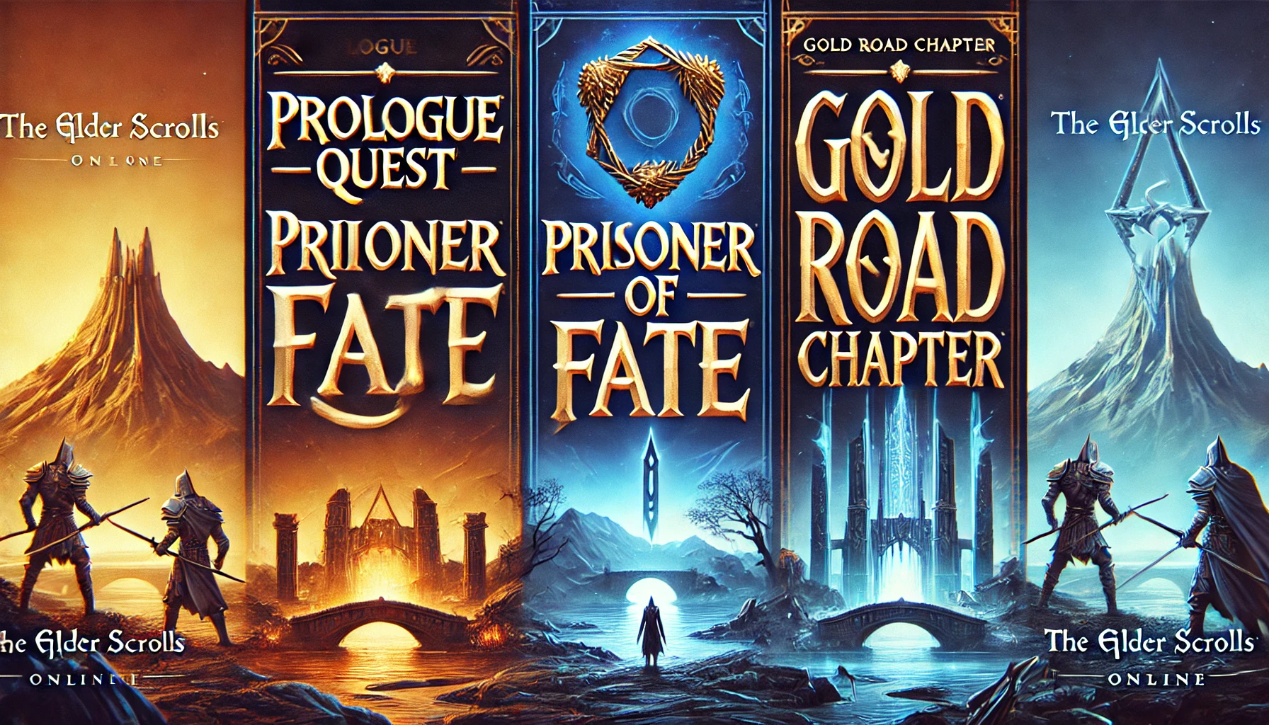 A bold 169 YouTube cover for PROLOGUE QUEST PRISONER OF FATE Gold Road Chapter The typography for PROLOGUE QUEST is a bold ancientstone serif font exuding grandeur and history PRISONER OF FATE is sharp gothic with glowing edges representing the dark and mystical theme Gold Road Chapter is in a sleek modern font with metallic accents The background features a magical landscape with glowing runes mysterious obelisks and vibrant fantasy colors such as blues and golds all inspired by the epic Elder Scrolls Online setting