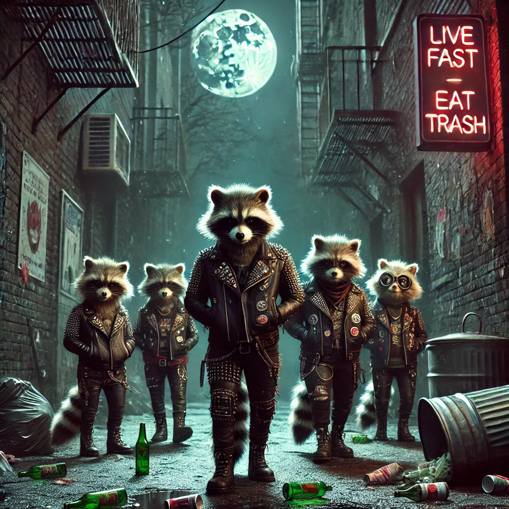 A group of raccoon TrashCats walking down a dark alley under the light of a full moon They are dressed in punk rock leather jackets with studs and patches surrounded by broken bottles greasy wrappers and trash cans Neon signs on the walls say Live Fast Eat Trash The alley is gritty and the ground is littered with trash The trees and alley walls seem to close in around them creating an eerie and ominous atmosphere