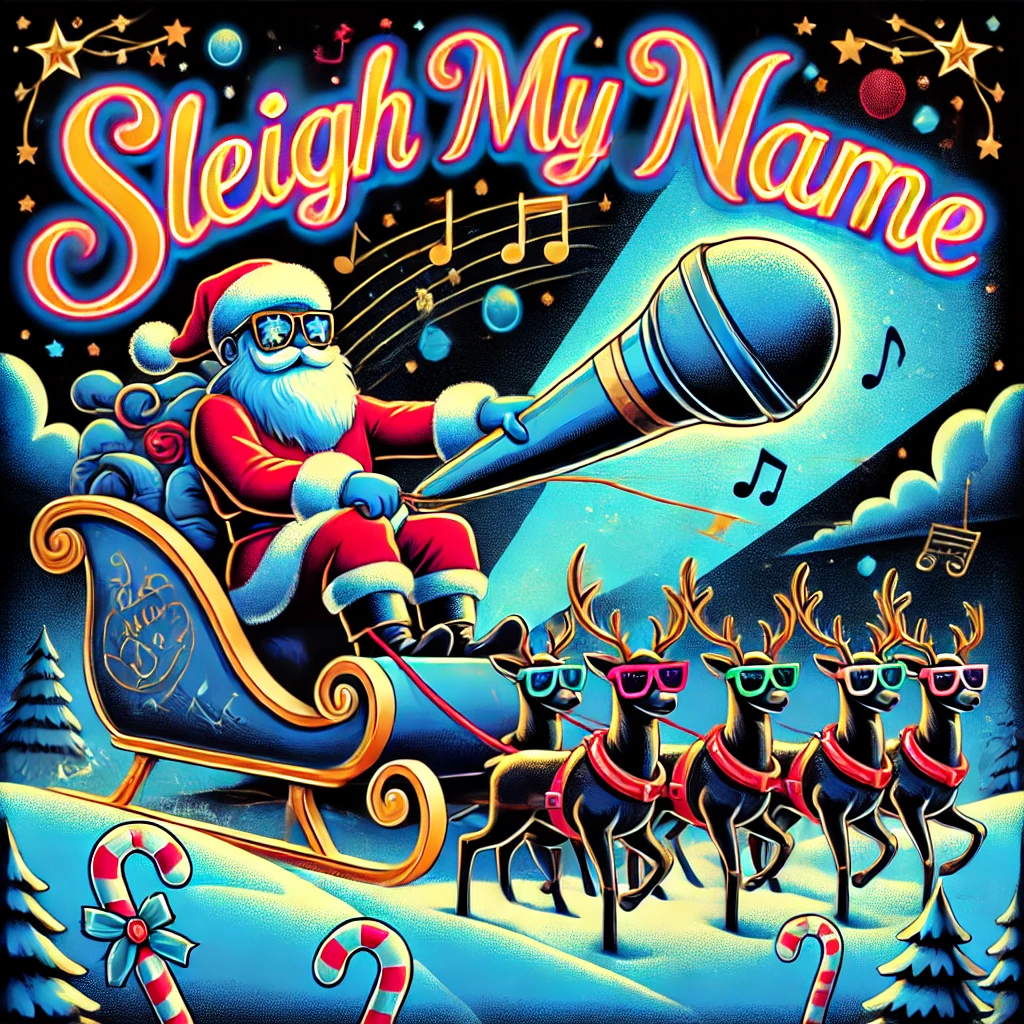 A festive holiday design titled Sleigh My Name featuring Santa driving a sleigh shaped like a microphone with reindeer wearing sunglasses pulling the sleigh through the night sky filled with stars and musical notes The scene is vibrant with playful elements like candy canes and mistletoe scattered around The typography Sleigh My Name is in a bold fun font that mimics neon signs glowing in the night sky