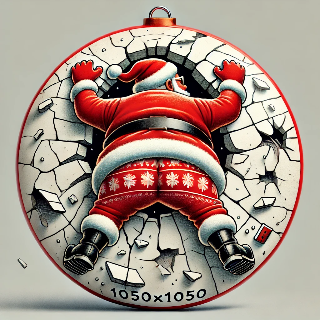 In this 1050x1050 circular ornament design the back side humorously displays Santas backside as he pushes through the cracked wall His iconic red suit and boots are prominent with scattered debris and cracks creating a playful yet contained scene Every element stays within the circular boundary providing a fun and whimsical reverse side to the ornament The design mimics the front side but focuses on Santas back matching the festive and humorous tone without background distractions
