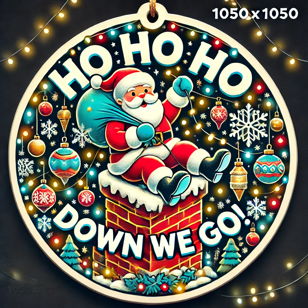 In this 1050x1050 circular ornament design Santa is depicted sliding down a chimney surrounded by playful snowflakes glowing Christmas lights and festive ornaments The phrase Ho Ho Ho Down We Go is written in bold playful letters above The entire design has a fun dynamic energy filled with twinkling lights and colorful holiday elements all contained neatly within the circular frame to create a whimsical and humorous ornament