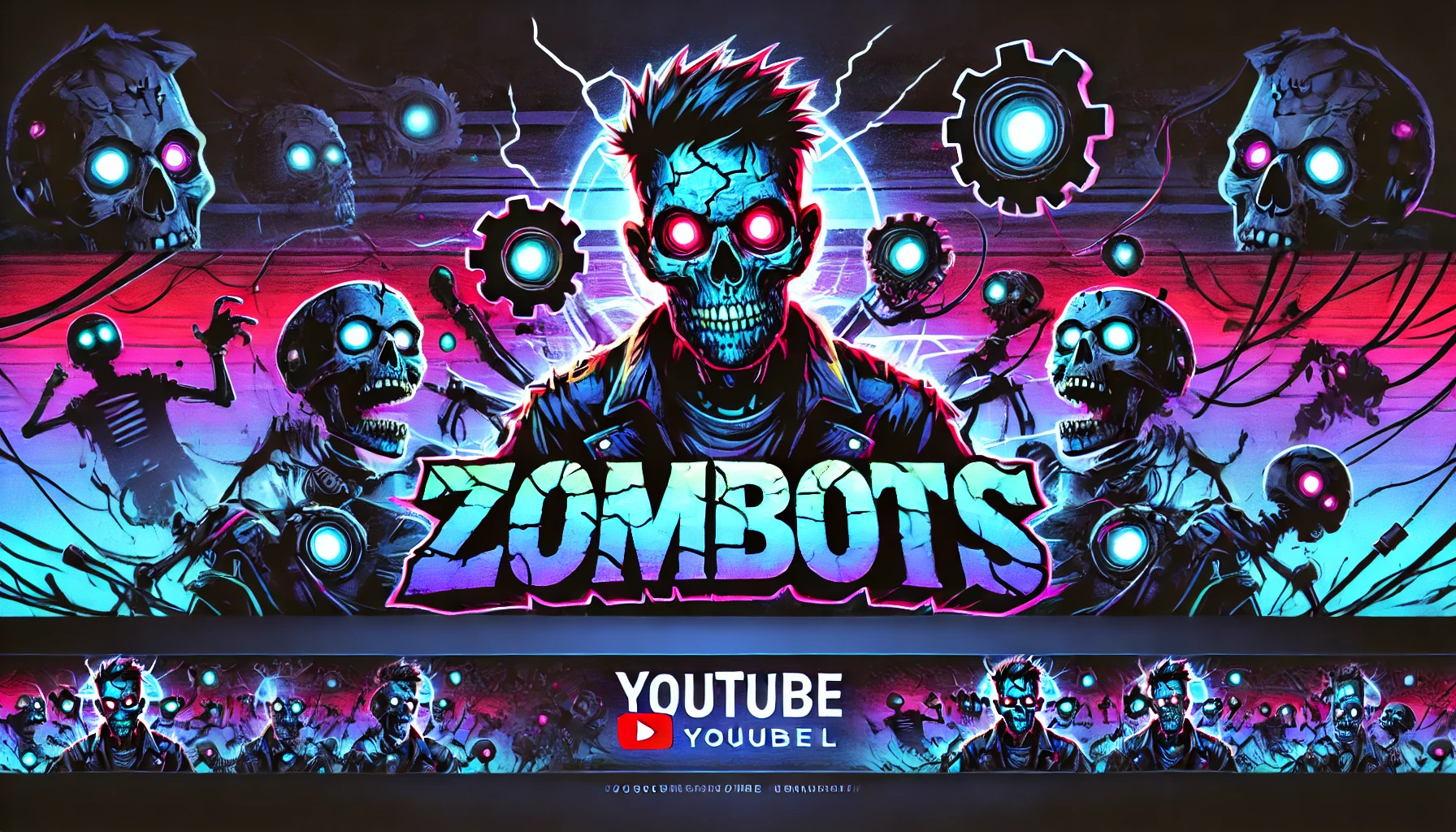A dynamic and moody YouTube banner for the ZomBoTs channel featuring a colorful but darktoned zombie character in the center with glowing neon eyes surrounded by futuristic robotic elements like gears wires and broken tech The background is a gradient of deep midnight blues and purples transitioning into black Typography ZomBoTs in large neon cracked font at the top center glowing slightly In the corners faded ghostly outlines of robotic zombies in the background Banner size optimized for YouTube display