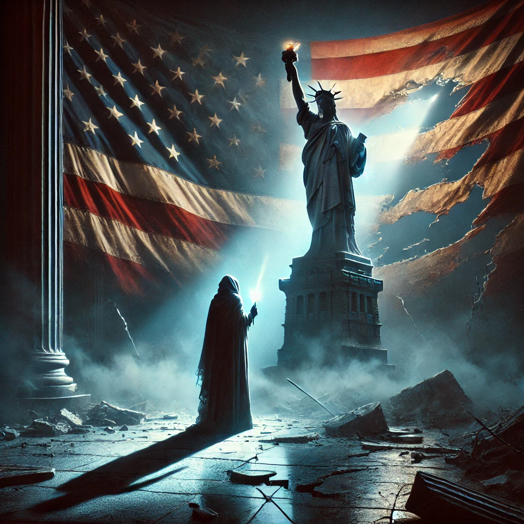 A powerful somber scene titled Reclaiming the American Soul The American flag is faded and torn in the background draped over a crumbling statue of liberty A shadowy figure stands in the foreground representing the vague and undefined rhetoric of Project 2025 The figure casts a long shadow that stretches across the ground distorting shattered American values beneath its feet Dim lighting with a cold blue hue dominates the scene A single beam of light breaks through the clouds illuminating the statue symbolizing hope amidst the encroaching darkness The shadowy figure is partially lit adding to the sense of ambiguity The title Reclaiming the American Soul in bold weathered cracked serif font at the top of the image