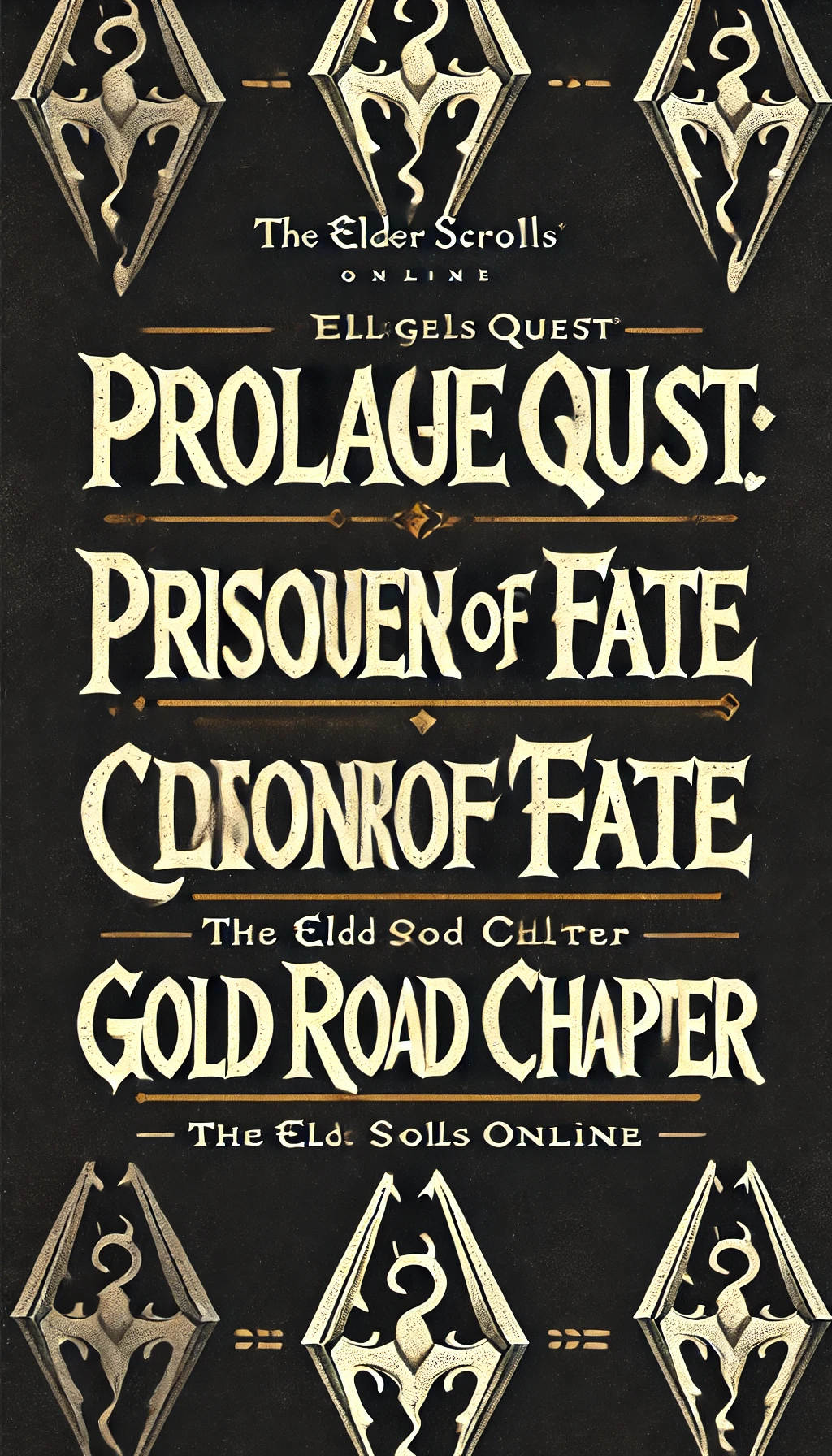 Typography reading Prologue Quest Prisoner of Fate and Gold Road Chapter in bold ancient weathered gothic font Styled with an Elder Scrolls Online RPG theme the letters should have a glowing mystical aura around them and appear as if carved from stone or metal The text is isolated on a dark background with a slight texture