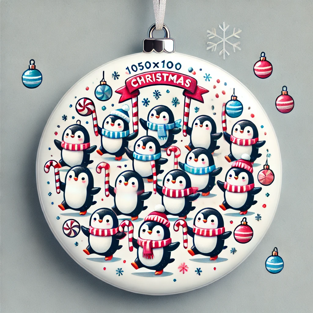 A playful 1050x1050 circular ornament design featuring a group of penguins marching in a Christmas parade They are holding candy canes and Christmas baubles dressed in tiny scarves and hats The scene is festive with falling snowflakes and holiday cheer all contained within the circular frame