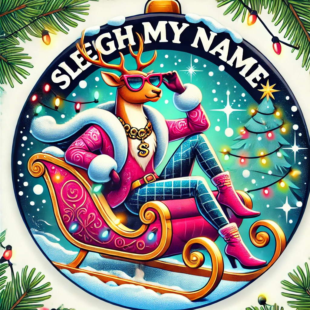 A vibrant circular ornament design featuring a stylish reindeer in sunglasses riding a glamorous sleigh The sleigh is decorated with twinkling Christmas lights and garlands The reindeer poses confidently leaving a trail of glitter and stardust as the sleigh zooms through a snowy background The phrase Sleigh My Name is written in bold festive lettering above with all elements carefully contained within the circular frame