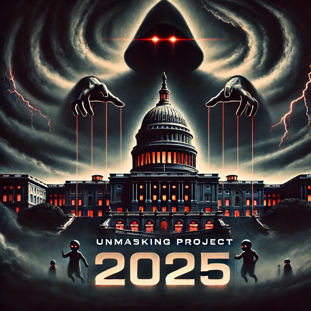 A dark moody image of the US Capitol building shrouded in swirling storm clouds Shadowy figures are faintly visible in the clouds with lightning strikes illuminating the Capitol dome Below a shadowy figure resembling a puppet master pulls strings attached to the Capitol suggesting control over the government The shadows have faint glowing red eyes Typography Unmasking Project 2025 in a bold sharp serif font with a metallic texture The letters have a slight red and black gradient positioned at the top of the image