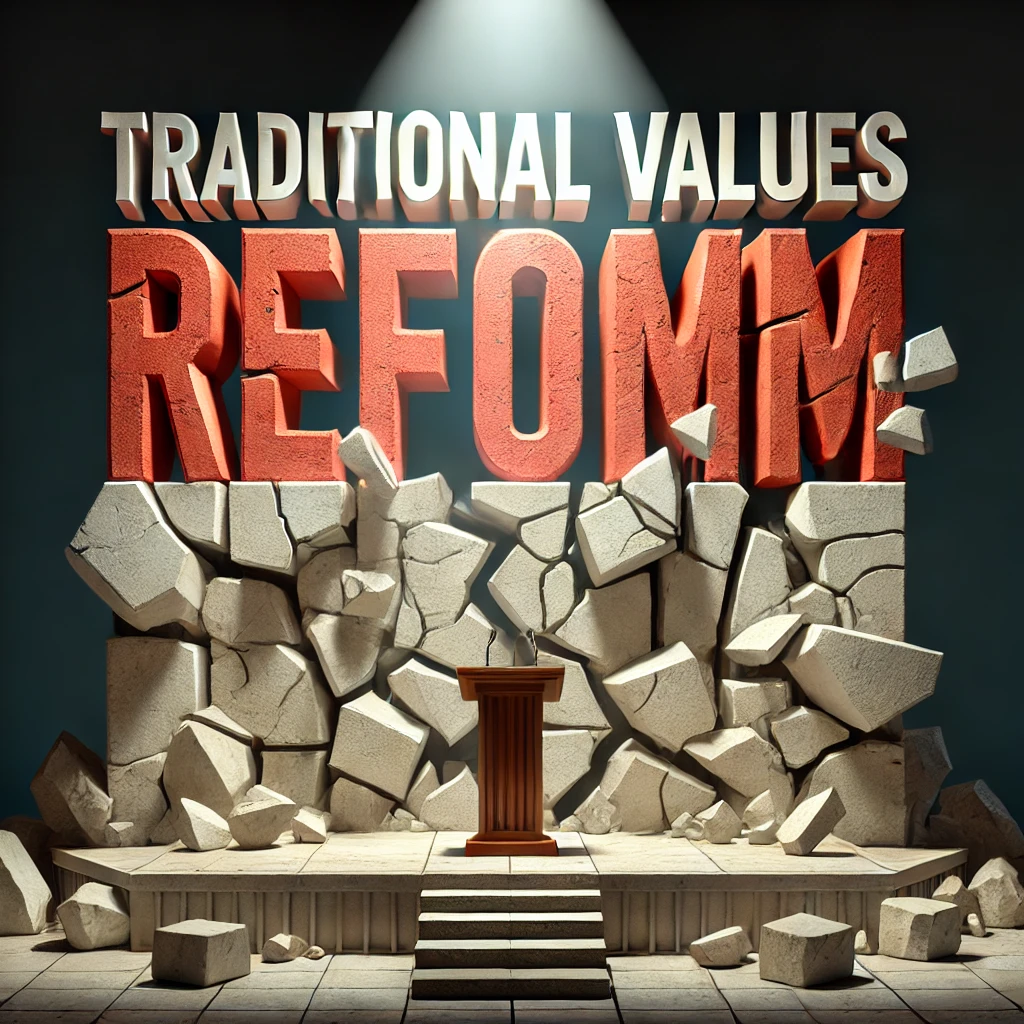 A large podium dominates the scene with towering words like Traditional Values and Reform above it The words crack and break apart revealing sharp edges and hidden dangers beneath Bright spotlight on the breaking words casting shadows that reveal their hidden meanings Neutral stone hues transitioning to fiery reds and oranges as the words break