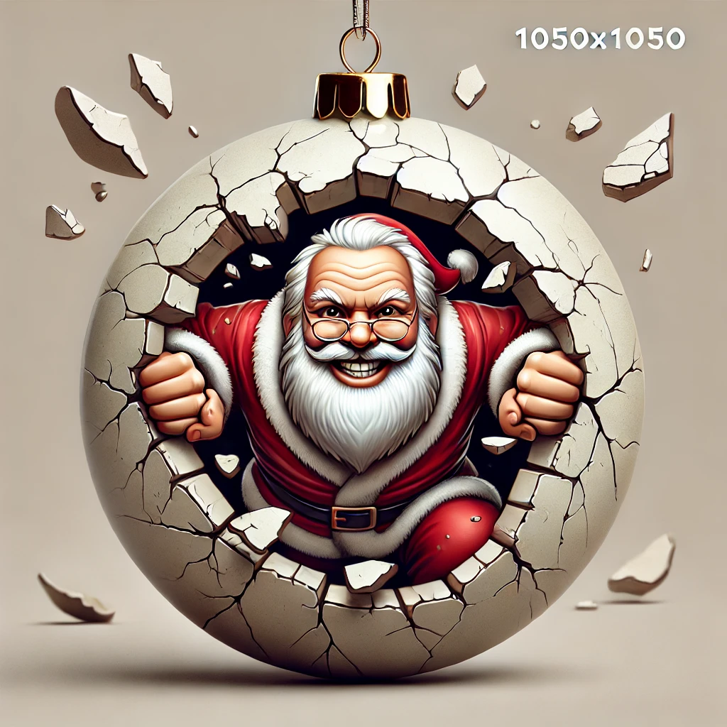 In this 1050x1050 circular ornament design the front side depicts Santa humorously breaking through a cracked wall with a playful grin His face is the focus surrounded by cracks and scattered debris all contained within the circle The back side humorously shows Santas backside as he continues through the wall adding a playful twist The scene matches the front but from behind with scattered debris and cracks framing the scene Everything is contained within the circular boundary perfect for a fun and festive ornament
