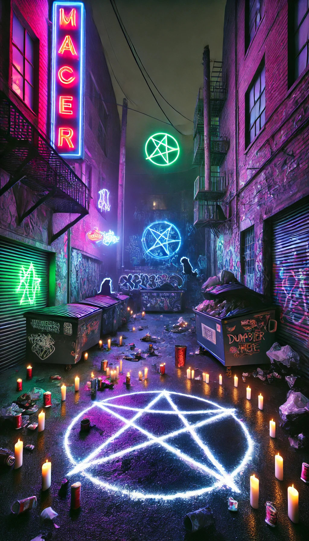 A dark alley at night filled with trash cans dumpsters and graffiticovered walls TrashCats gather around a glowing pentagram drawn on the ground performing a rebellious occult ritual Neon signs flicker above casting a neon purple and green glow Candles are placed on top of trash piles creating an eerie mystical vibe The scene feels like a mixture of street magic and urban chaos with TrashCats celebrating the Dumpster Fire Happy Hour The lighting is dark with bursts of glowing occult symbols graffiti and neon lights
