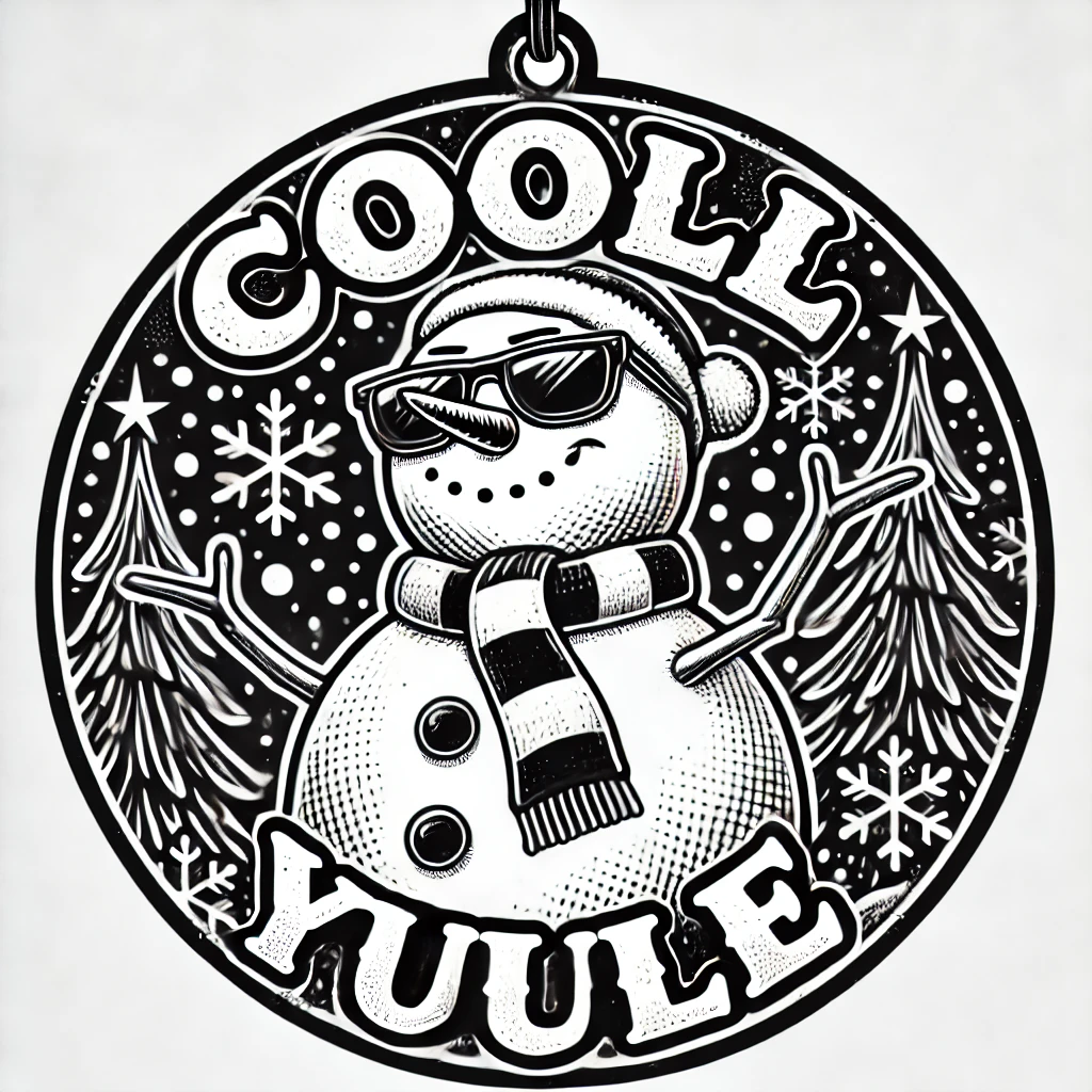 A fun circular ornament design featuring a snowman wearing sunglasses and posing confidently with snowflakes falling around him The phrase Cool Yule is written above in bold festive font The scene is playful and energetic fully contained within the circular frame