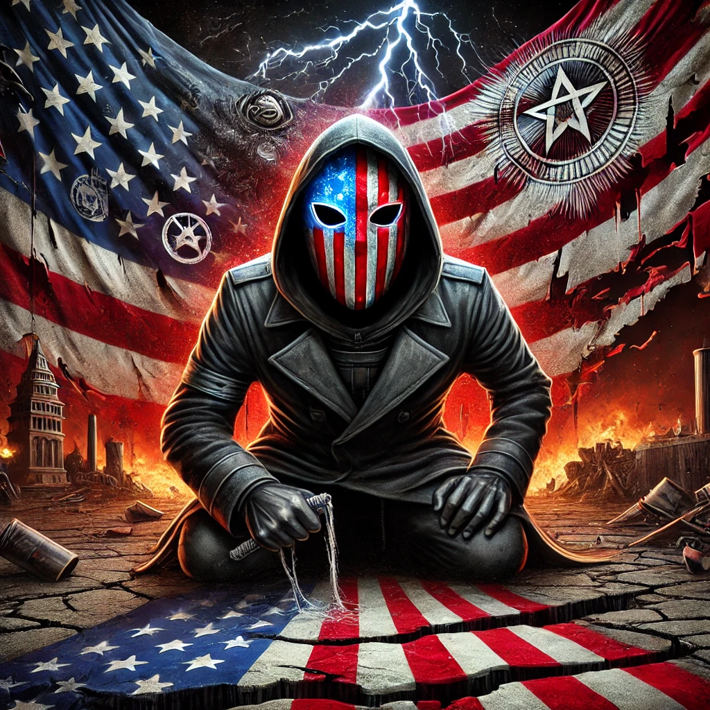 A chilling image of a shadowy figure wearing a cracked mask of patriotism standing before a torn American flag The figures eyes glow an ominous red symbolizing hidden malevolent intentions Behind the flag dark twisted symbols and imagery of oppression emerge The sky is dark with storm clouds and flashes of lightning casting eerie shadows across the scene The ground is cracked and fractured representing the crumbling foundations of society