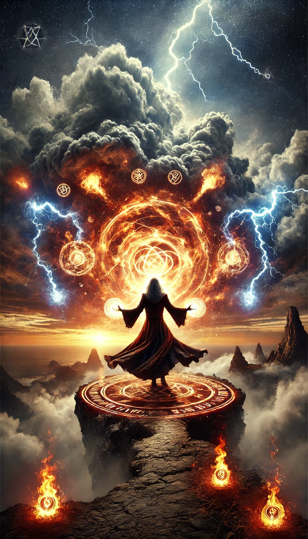 A powerful Sorcerer stands on a cliff casting an Elemental Explosion spell Fire and lightning swirl together in a massive vortex above the Sorcerers hands with storm clouds rolling in overhead The ground beneath the Sorcerer cracks and glows with arcane energy while mystical runes float around them In the background the sky is illuminated by lightning strikes giving a dramatic and powerful atmosphere