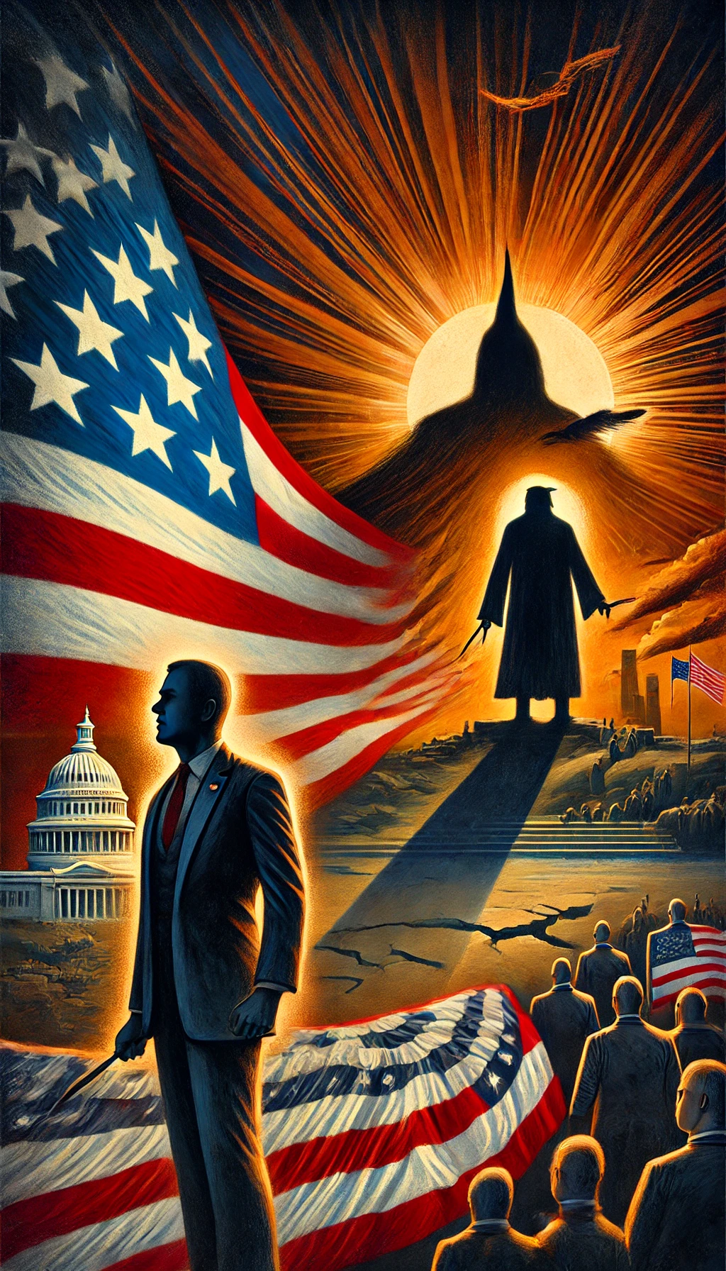 At 00031 The vibrant democracy of America once shining bright is now being encroached by a dark force A symbolic figure stands in the foreground with a onceglorious American flag slowly losing its color fading into shadows Behind the figure a silhouette of an authoritarian regime emerges casting a long shadow over the scene In the background subtle hints of division and turmoil spread across the landscape with cracks forming in the foundation of what was once a strong democracy