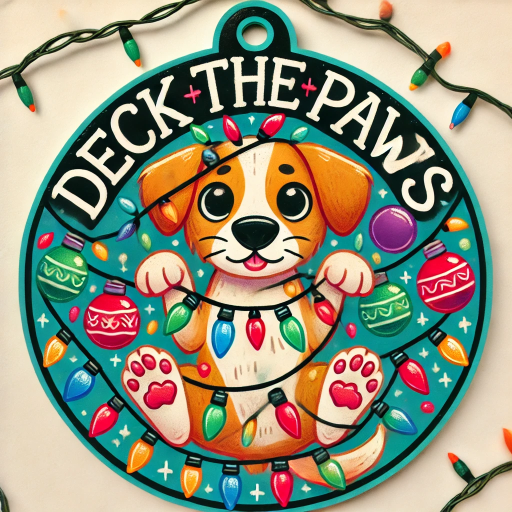 A cute circular ornament design featuring a festive puppy tangled in Christmas lights with ornaments hanging from its ears The dog has a playful expression and the phrase Deck the Paws is written in bold fun typography above The scene is colorful cheerful and festive fully contained within the circular frame