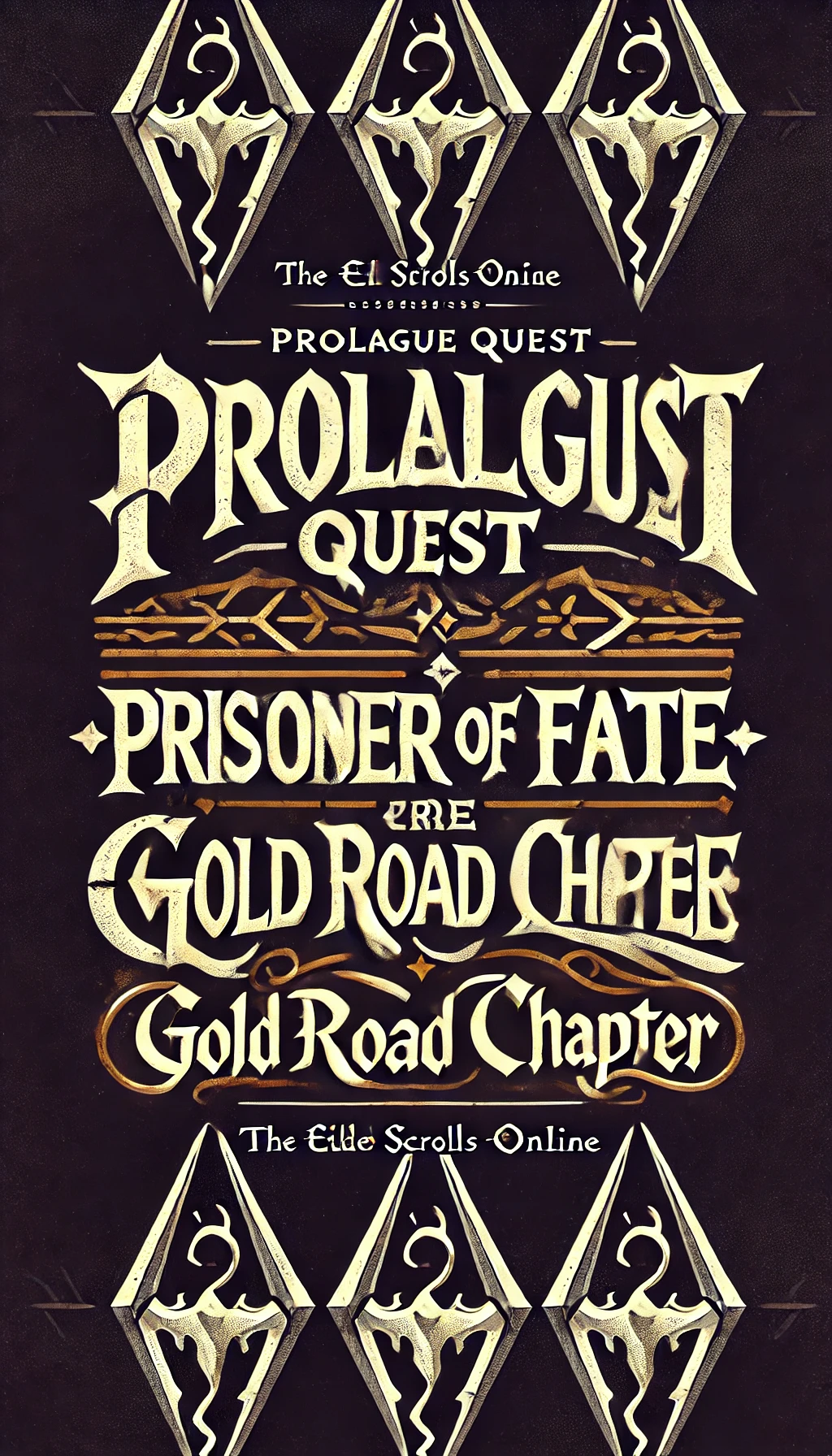 Typography reading Prologue Quest  Prisoner of Fate  Gold Road Chapter in bold gothic font styled with an RPG and Elder Scrolls Online theme The letters should be sharp ancient and slightly weathered as if carved into stone or metal with a glowing mystical aura surrounding them Use a dark fantasylike background to complement the Elder Scrolls Online aesthetic