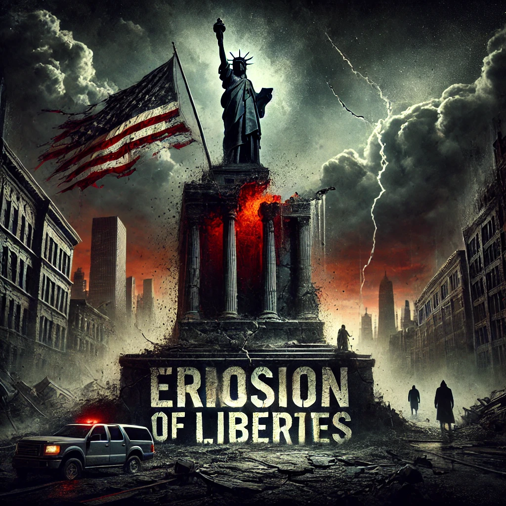 A dark decaying cityscape with crumbling buildings under blackened skies A lone figure stands beside a broken monument symbolizing the erosion of liberties A torn American flag blows weakly in the wind In the distance shadowy faceless figures loom ominously Bold cracked text reads Erosion of Liberties at the bottom of the image integrated into the crumbling monument The lighting is dramatic with high contrast shadows and the colors are dominated by dark tones with hints of red to highlight danger