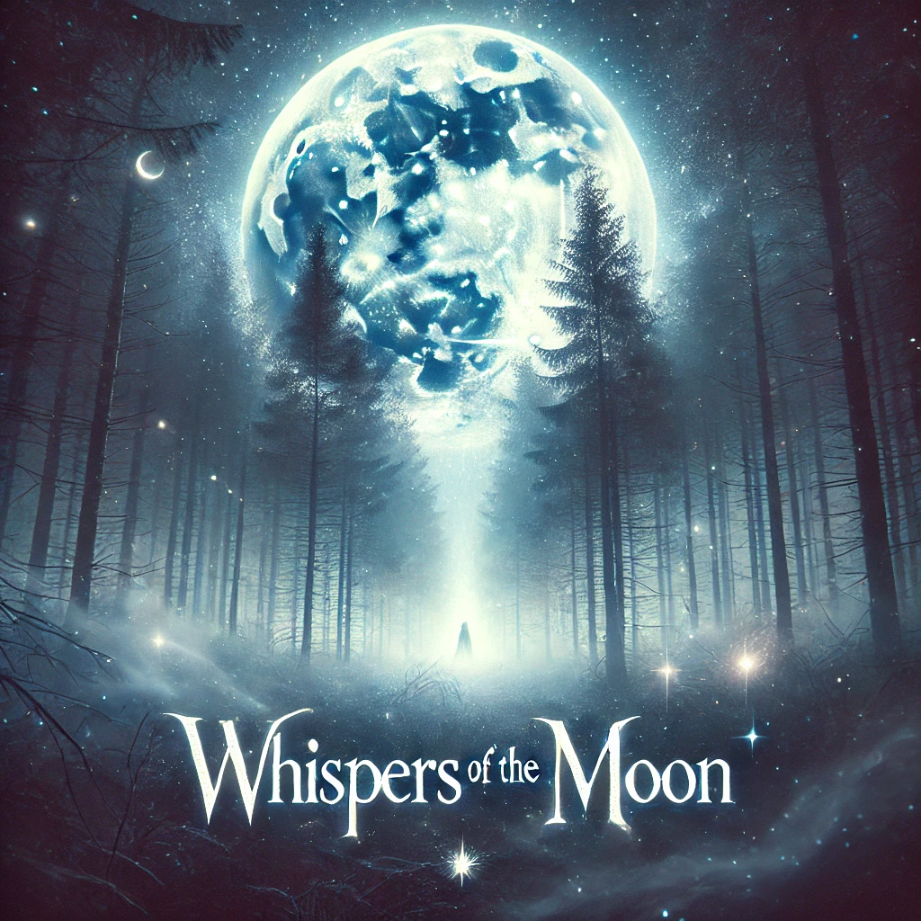 A cover image for a song titled Whispers of the Moon The scene is an eerie yet beautiful moonlit forest where the moon is so large it dominates the sky casting an ethereal glow over the trees Wisps of fog move through the trees and ghostly figures seem to emerge from the mist The typography for Whispers of the Moon should have a shimmering celestial font at the bottom of the image The lighting should create a mysterious and magical atmosphere with blues silvers and purples enhancing the dreamlike quality of the scene