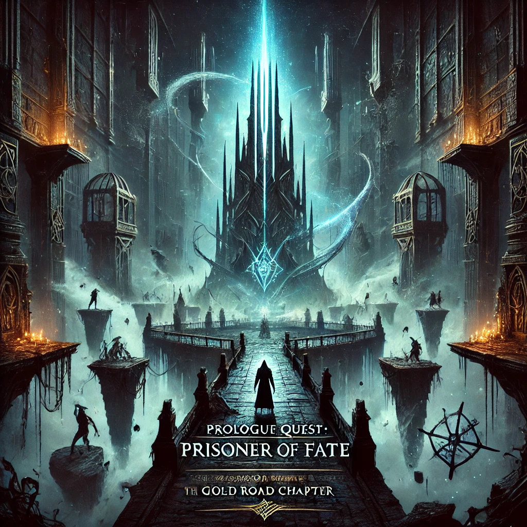 A dark and mystical landscape of floating platforms connected by ancient bridges set in the heart of a deep otherworldly library In the center stands the menacing figure of a Daedric warrior Torvesard surrounded by shards of broken glass and ethereal lights A towering obelisk shoots a beam of blue light into the sky and shadowy figures can be seen battling beneath it their forms distorted by the shimmering light The atmosphere is ominous with tendrils of magical energy swirling around hinting at the dark secrets hidden within the ancient glyphic Typography in a dark and gothic style with the title Prologue Quest Prisoner of Fate  Scions of Ithelia DLC  Gold Road Chapter  ESO in bold dramatic font