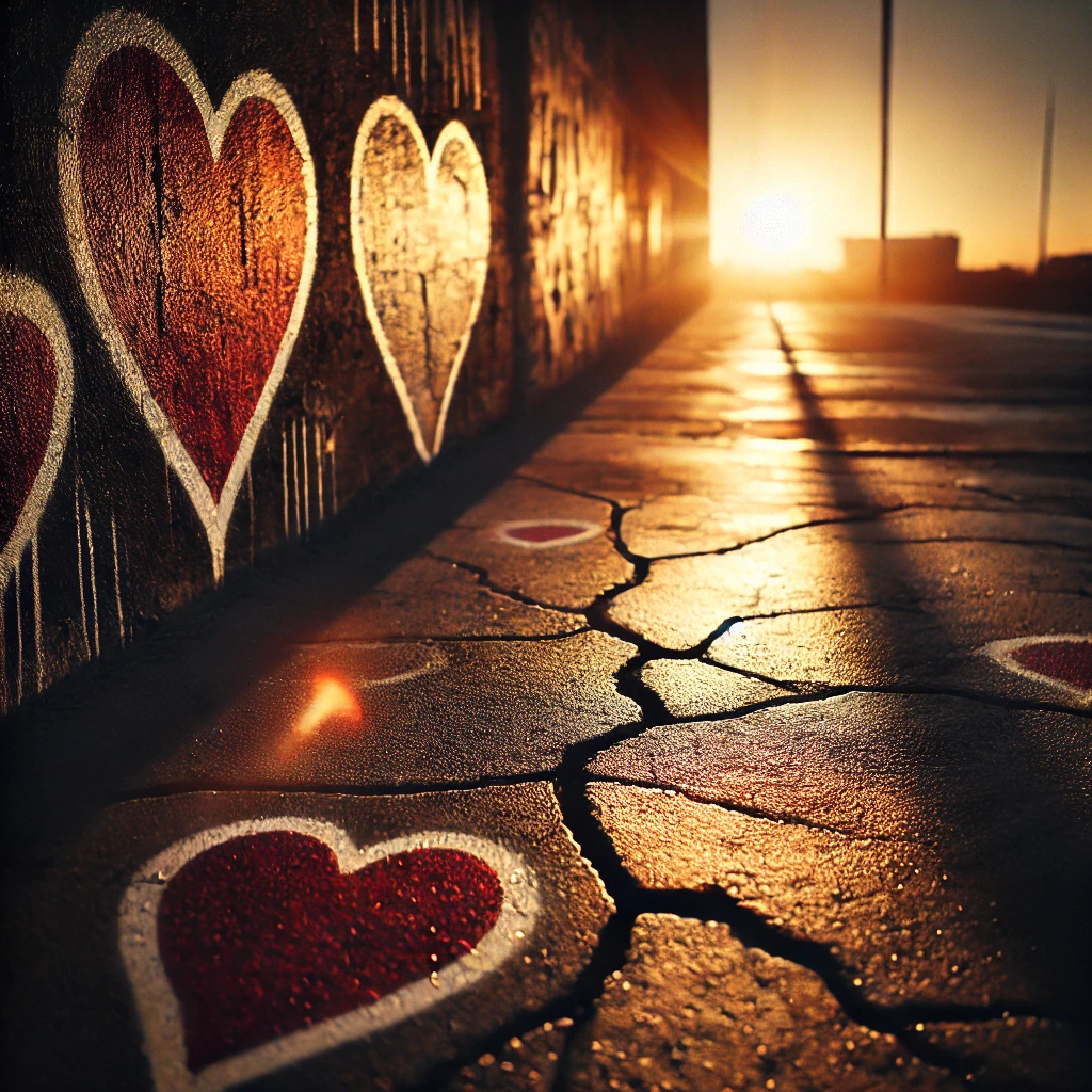 A fading sunset casting light on cracked pavement with shadows of graffiti hearts appearing on a nearby wall The mood is reflective hinting at the nostalgia and imperfection of love The light creates long shadows adding a sense of melancholy and beauty