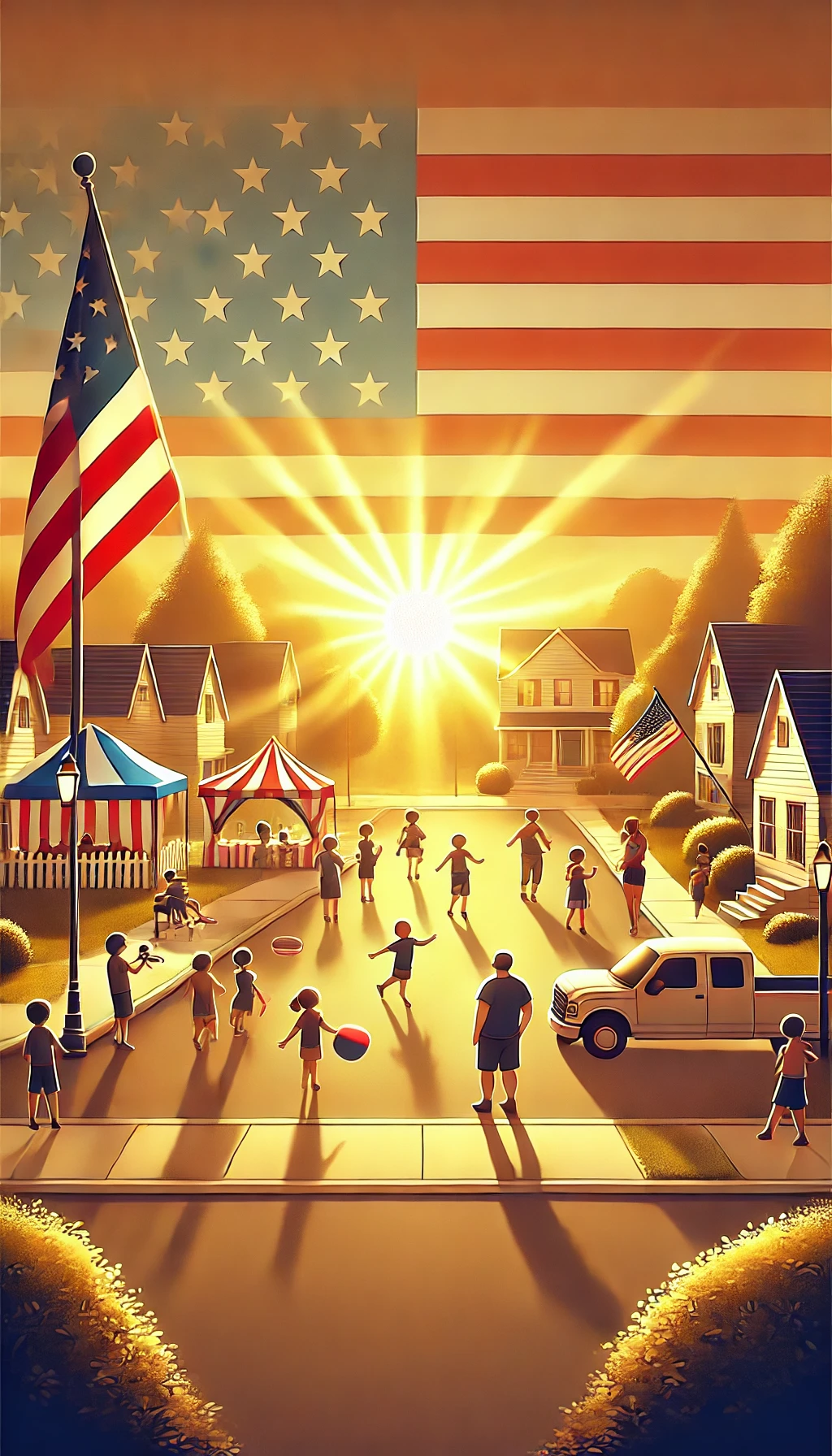 At 000 A peaceful suburban street bathed in golden sunlight children playing neighbors chatting and American flags waving in the breeze The scene feels serene and embodies the American Dream with the sun shining and vibrant colors representing happiness and community