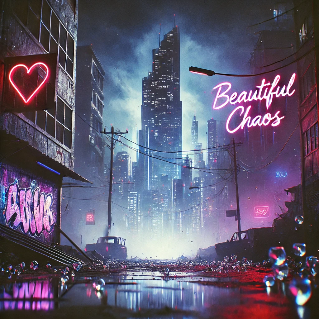 A 169 image featuring a dystopian cityscape with neon lights flickering in the distance A crumbling skyscraper towers over the cluttered streets where graffiti hearts are painted on the walls Shattered glass litters the ground reflecting a looming figure in the background Typography in bold shattered fonts is embedded within the image reading Beautiful Chaos The lighting is dramatic with a mix of dark shadows and glowing neon colors in purple and blue Pops of red add urgency while muted tones dominate the overall mood reflecting societal breakdown and chaos