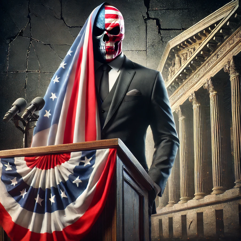A towering figure stands on a podium draped in an American flag Half of their face is hidden behind a smooth respectable mask while the other half reveals a menacing skeletal face The background shows a cracked and decayed government building symbolizing the underlying chaos and corruption beneath the surface of patriotism The atmosphere is tense with the shadows deepening and the sense of deception growing