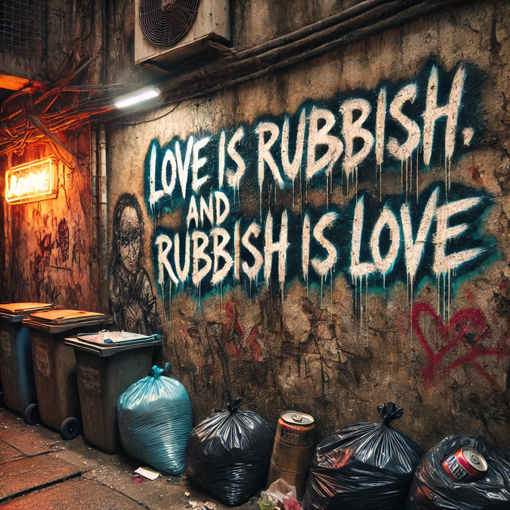 A graffiticovered wall with jagged edges old rusted cans and garbage bags lining the alley The title Love is Rubbish and Rubbish is Love scrawled in a rough distressed font over the graffiti with neon lights subtly glowing in the background Trash and broken items are scattered around creating a gritty and imperfect atmosphere