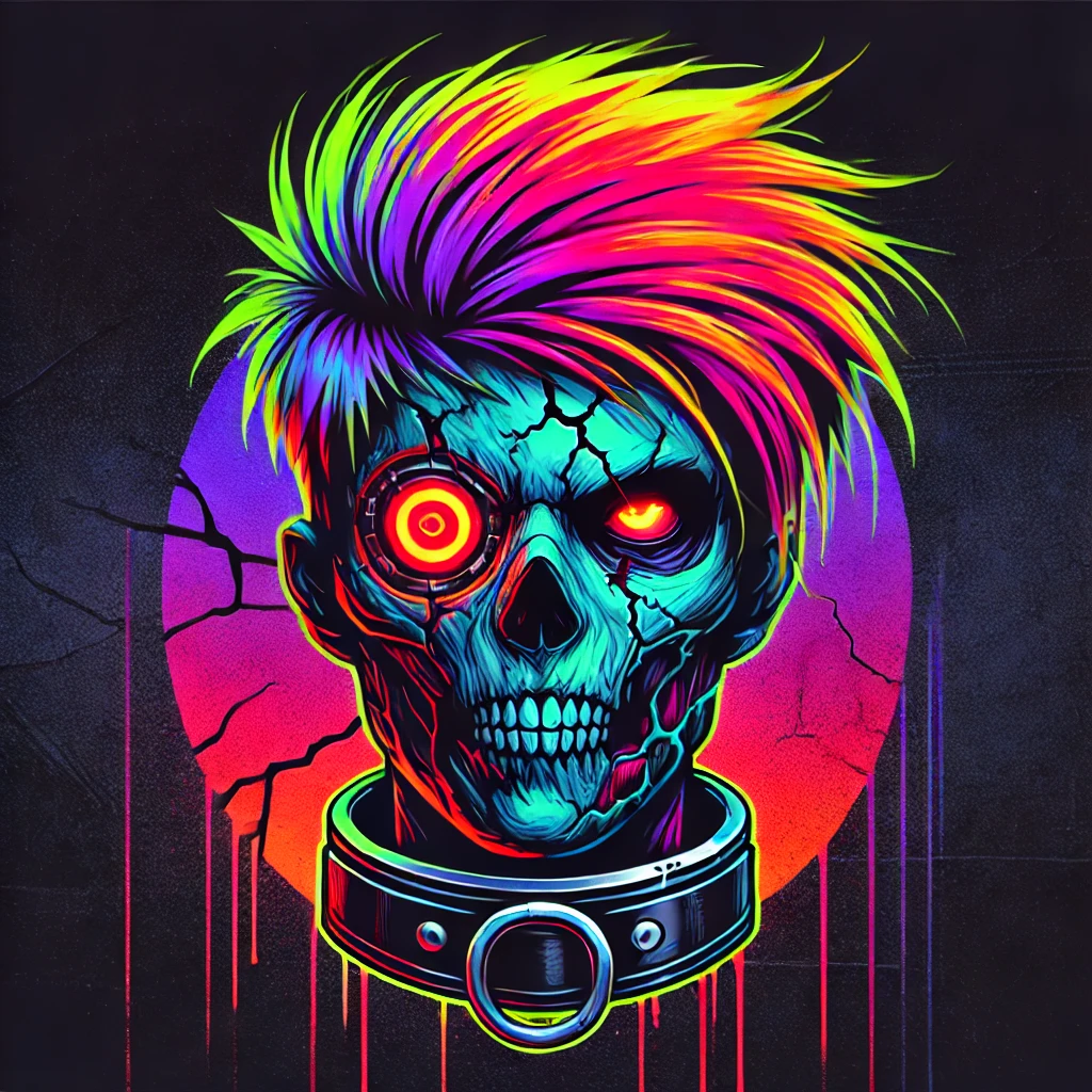 A vibrant but dark zombie character with a glowing neon red and orange eye set against a deep gradient dark background The character has neoncolored hair fading from bright bold colors to dark hues at the edges The zombie wears a futuristic gritty metal collar The expression on the face is bold but ominous with grungy cracks visible around the skin Typography ZomBoTs in a grungy cracked neon font with gradient fading from neon green to dark purple Background is deep dark tones midnight blue transitioning into black