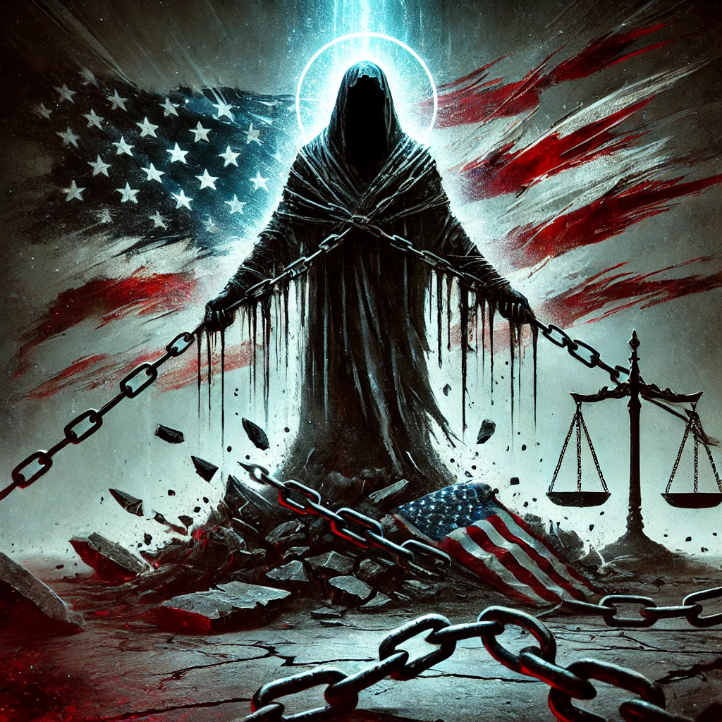 A dark figure looms over a fractured landscape representing the sinister forces at work The ground is cracked chains bind symbols of freedom such as broken scales of justice and a shredded American flag The figure is backlit by harsh cold light creating a halo effect Dark shadows stretch across the scene with muted colors and splashes of red highlighting the chaos A Sinister Force is written in small distressed font at the bottom of the image