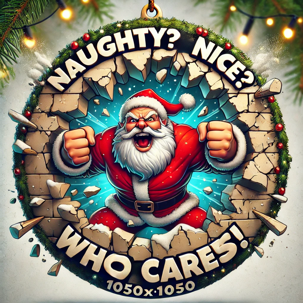 In this 1050x1050 circular ornament design Santa humorously bursts through a rough cracked wall Every elementfrom the explosive typography reading Naughty Nice Who Cares to the scattered debrisis carefully contained within the circular boundary ensuring a wellbalanced and festive ornament design The scene features playful snowflakes glowing Christmas lights and dynamic cracks that create a sense of chaos yet everything remains within the circular frame for a humorous and cohesive holiday design
