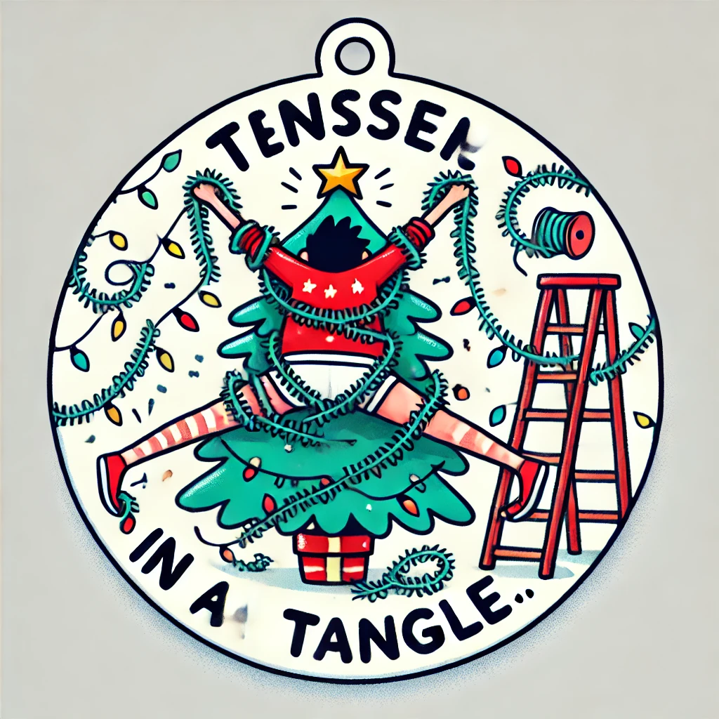 A comical circular ornament design featuring a character tangled in tinsel while trying to decorate a Christmas tree The character is struggling with tinsel wrapping around their arms legs and body The phrase Tinsel in a Tangle is written above in festive playful lettering The scene is humorous and lighthearted fully contained within the circular frame