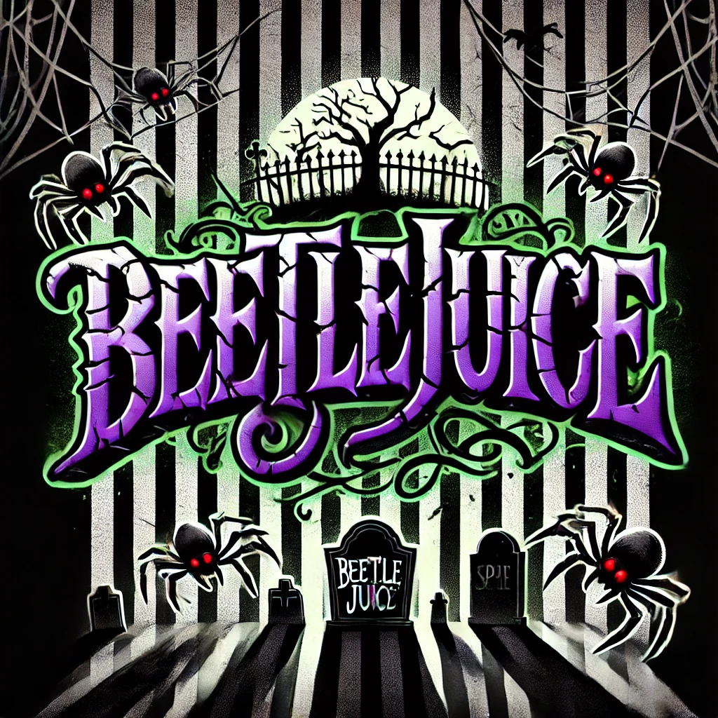 A Gothicthemed design with the text BeetLeJuice written in a sharp cracked Gothic font The text is dark purple with a subtle green glow giving it a spooky appearance The background features blackandwhite stripes with shadows of tombstones and ghostly figures emerging between the lines creating the illusion of a hidden graveyard Spiders with red eyes crawl across the stripes adding a sinister element Faint moonlight shines from behind the text casting eerie shadows and giving the scene a haunted eerie look