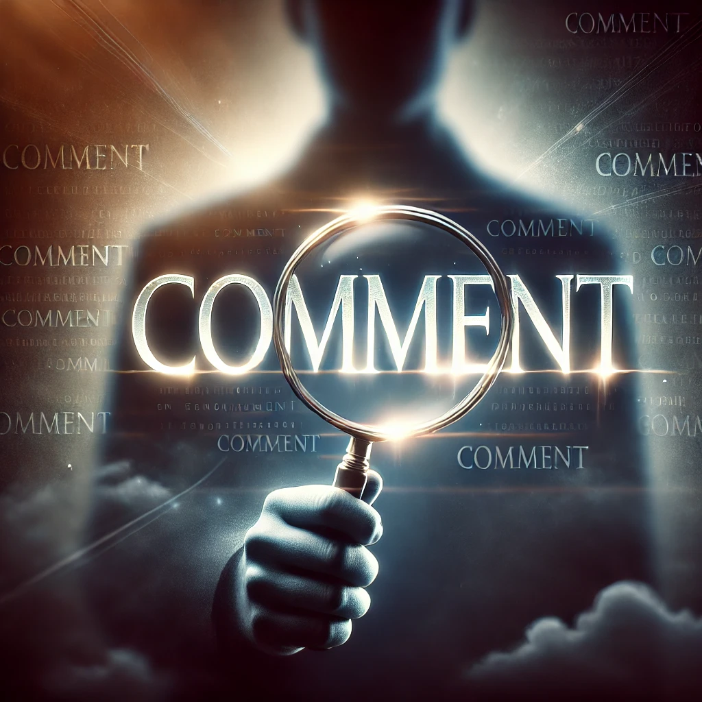 A shadowy figure in the background holding a glowing magnifying glass In the foreground the word Comment emerges in soft glowing text symbolizing engagement and discussion in the pursuit of truth The background is dim and the glowing text creates a focal point in the center drawing the viewers attention The color scheme is dark with light shades of blue and silver representing clarity emerging from the shadows