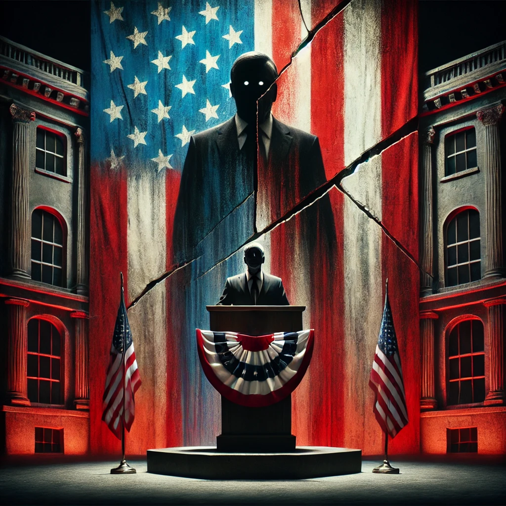 A towering figure stands on a podium draped in an American flag Half of their face is visible while the other half is obscured in shadow The background features a darkened abstract building with cracks running through it symbolizing hidden corruption beneath respectability The scene is ominous with muted reds whites and blues casting an eerie light on the figure while shadows deepen the unsettling mood