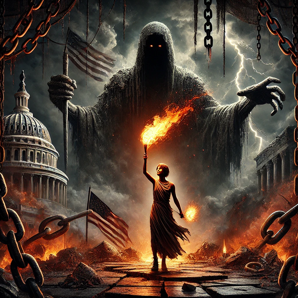 A powerful scene showing Hazel a figure of resilience standing in the midst of a crumbling stage that once symbolized democracy Behind her dark storm clouds swirl with ominous red and black hues as lightning illuminates a fractured Capitol building Hazel holds a torch high its warm light cutting through the shadows creeping in from all sides Broken chains lie at her feet symbolizing the struggle against oppression The skeletal hands of an enormous shadowy figure loom over her its chains wrapping around the Capitol and the torn American flag Stark contrast lighting with deep shadows dominates the scene while Hazels figure glows with a faint aura of hope Bold cracked text reading Breaking the Chains of Hate is displayed at the bottom in a weathered stonelike font The entire scene evokes a dark impactful tone highlighting themes of defiance freedom and the looming threat of authoritarianism