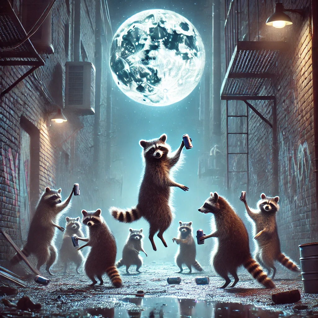 Raccoons dance beneath a full moon their movements lively and carefree The moonlight bathes the alley in a soft ethereal glow contrasting with the gritty surroundings Raccoons hold their cans high toasting to the night while their laughter echoes off the graffiticovered walls The atmosphere is electric filled with energy and camaraderie