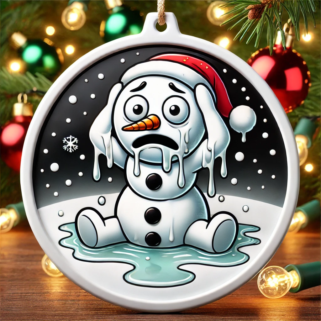 A humorous 1050x1050 circular ornament design featuring a snowman beginning to melt with his head drooping and puddles forming around him The snowman looks panicked while Christmas lights glow cheerfully in the background The entire scene is festive yet funny contained within the circular frame